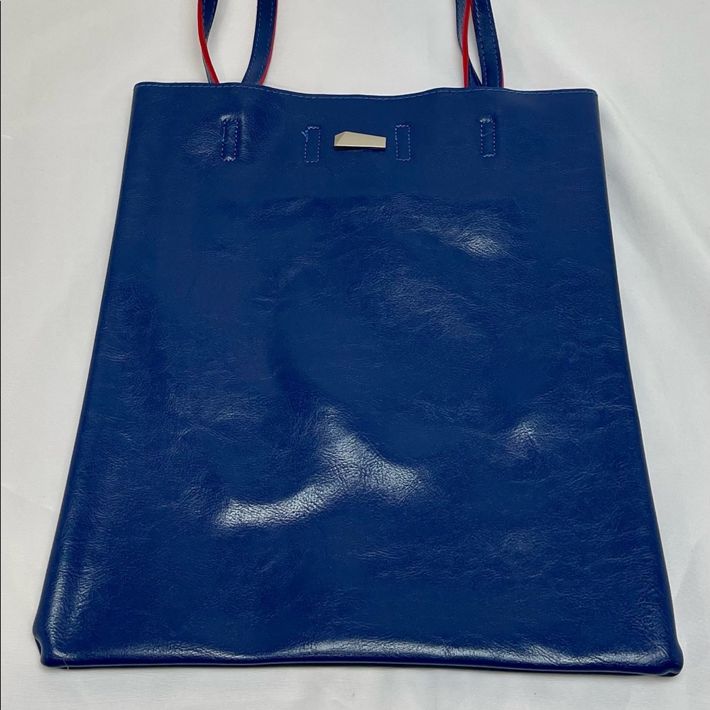Blue and Red Faux Leather Handbag